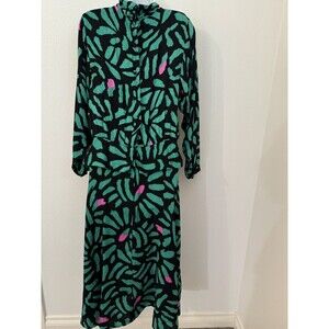 Vintage Silk Dress Disegni by Perez Women Size 12 Maxi MIDI Green Black  Mod 80s